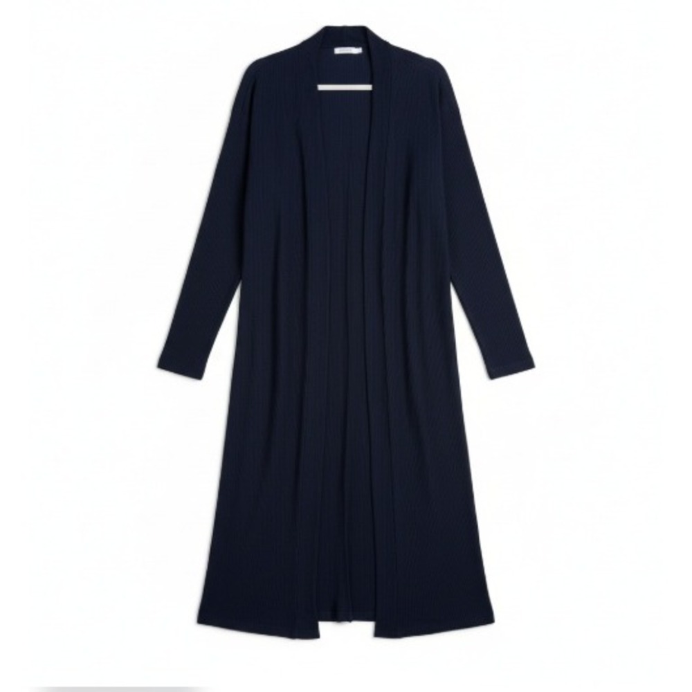 Mersea Ribbed Knit Long‎ Cardigan Sweater Navy Blue Coastal Minimalist One Size